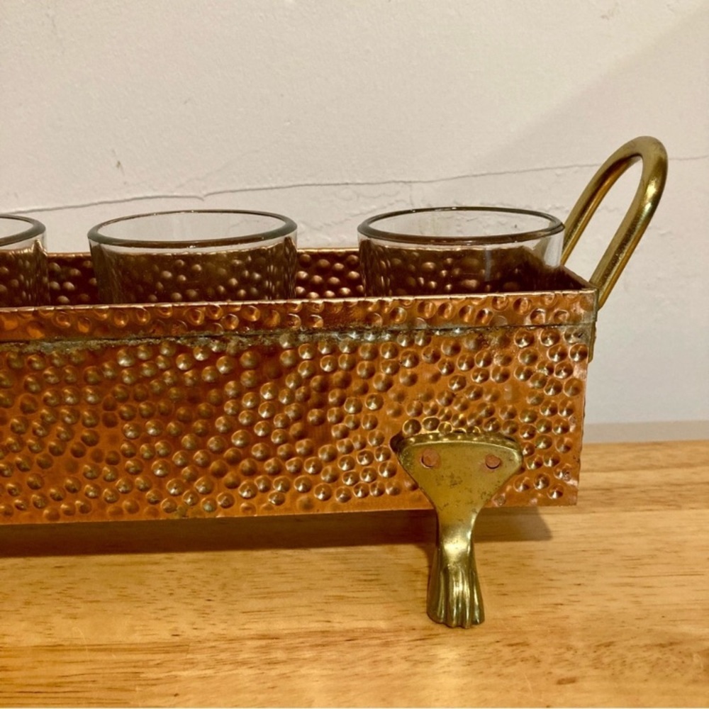 Hammered Metal Footed Container with 5 Glass Votive Holders Used Copper Colored - Picture 6 of 15